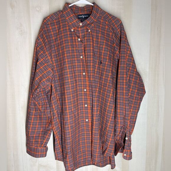 Ralph Lauren orange blue plaid long‎ sleeve button down shirt, size XXL - Picture 1 of 12
